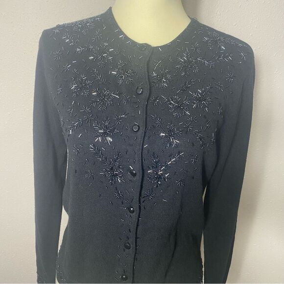 Vintage Kathie Lee Collection Black Beaded Knit Button Front Cardigan Size Small - Picture 11 of 16
